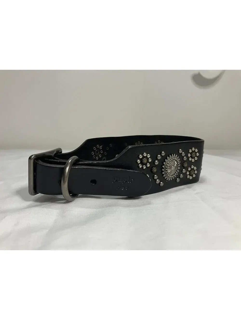 Puplr Pet Black Leather Studded Dog Collar Adjustable Wide Silver Studs Style